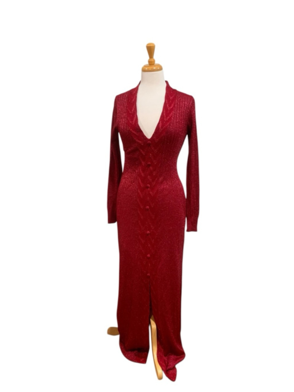 Vntg 70’s Women's Bakalli Red metallic knit Long Sleeve Maxi Dress Size 12